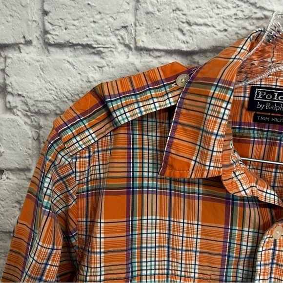POLO RALPH LAUREN Trim Military LS Button Front Plaid Shirt Pastel mens medium - Picture 4 of 7